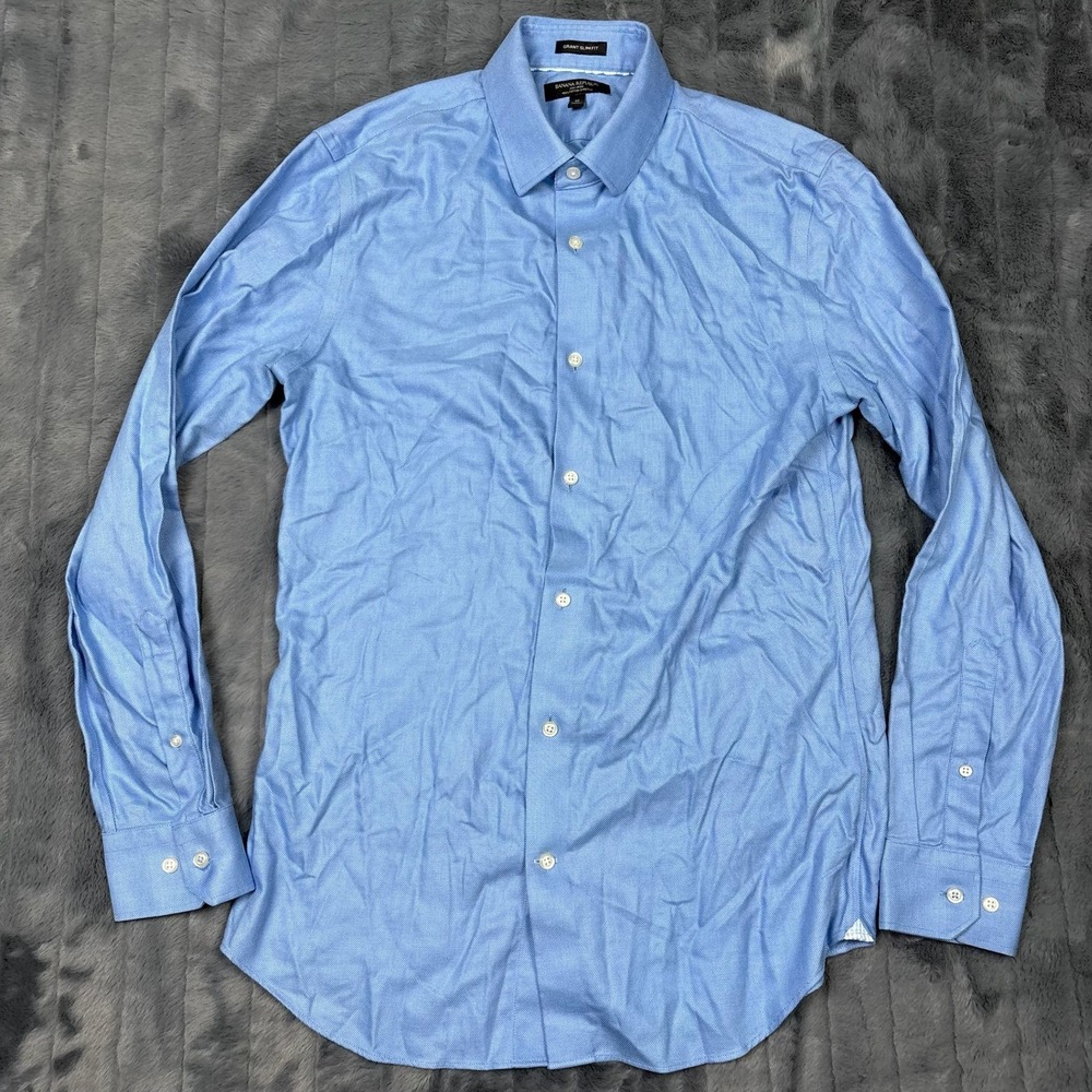 Banana Republic Mens Grant Slim Fit Dress Shirt Blue Non-Iron Cotton Stretch M